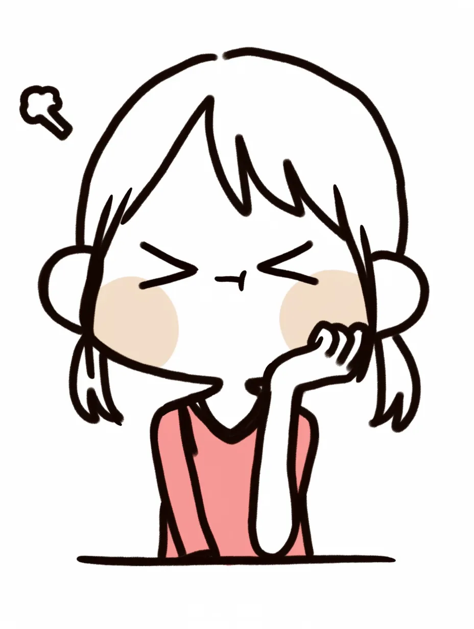 机越し酸っぱい顔｜肘をつきながら不満をあらわにする酸っぱい顔。眉を寄せて口を真一文字に結ぶ姿が、飽きや苛立ちの感情を一枚で伝えています。