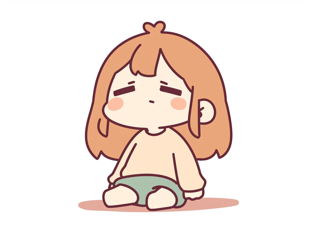 ぺたんと疲れた顔｜床に座り込んだまま目を細める疲れた顔。眉が少し下がり、まぶたの重みが全体の脱力感を生み、日常の小さな疲れがにじんでいます。