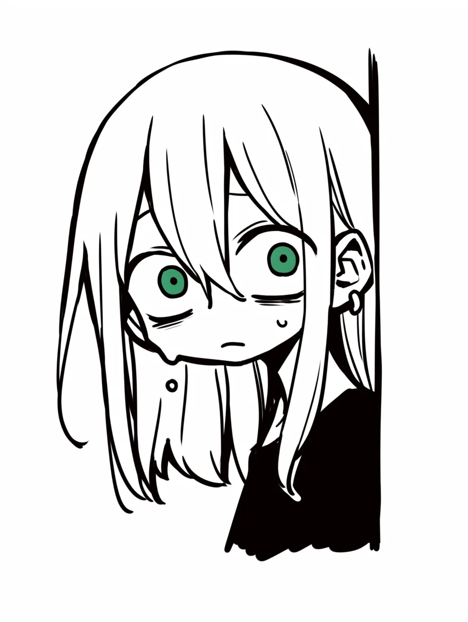 絶望顔の無音｜一切の色を排したような無機質な描線が、目の奥に走る疲労感と無表情さを際立たせる静的な絶望顔を構築している。