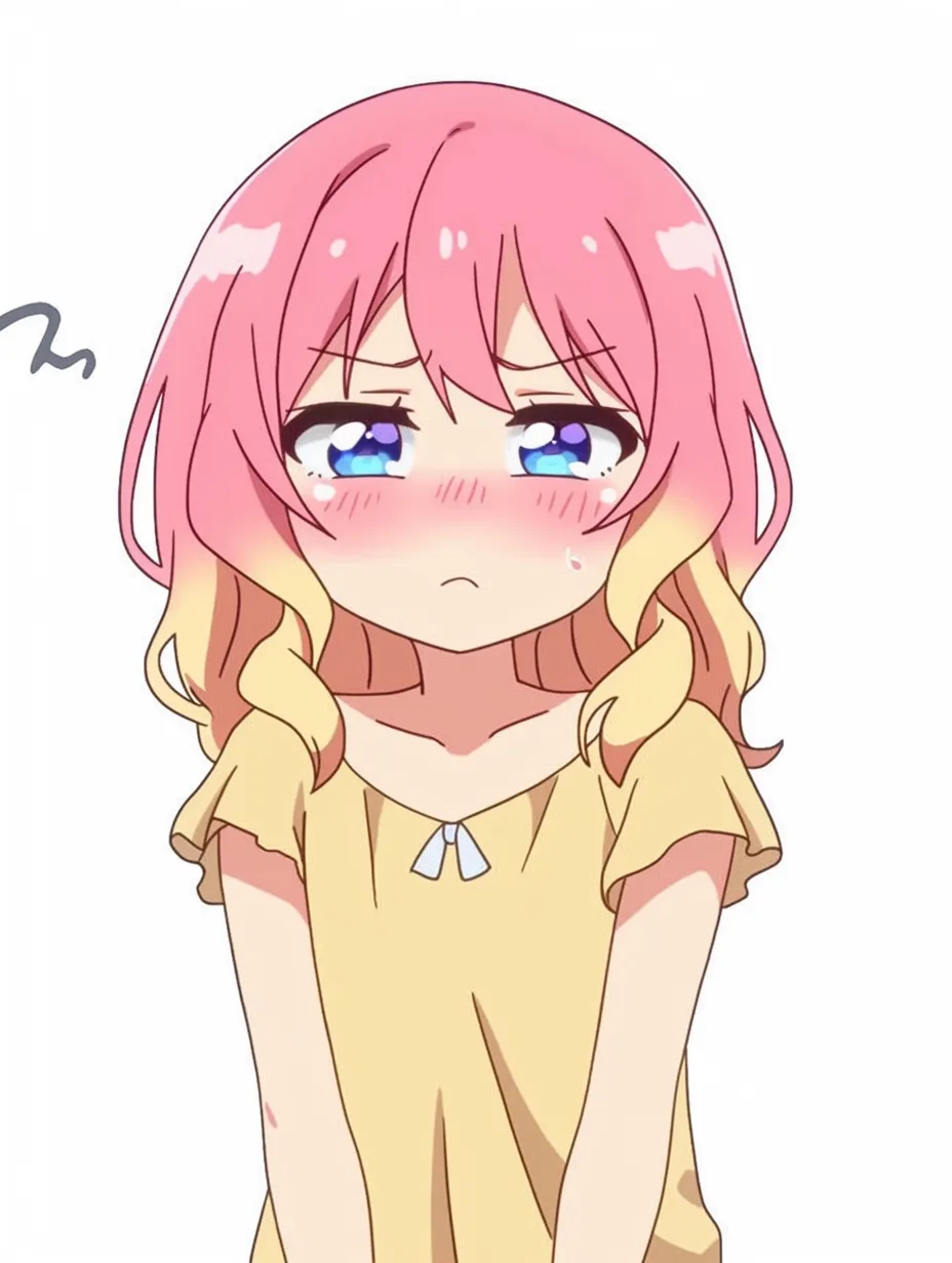 うざい顔のむくれ顔｜頬を膨らませた表情とぷいっとした視線が、子ども特有の理不尽なうざさを全開にする。鮮やかな髪色と涙目の演出で怒りと甘えが同居している印象が強い。