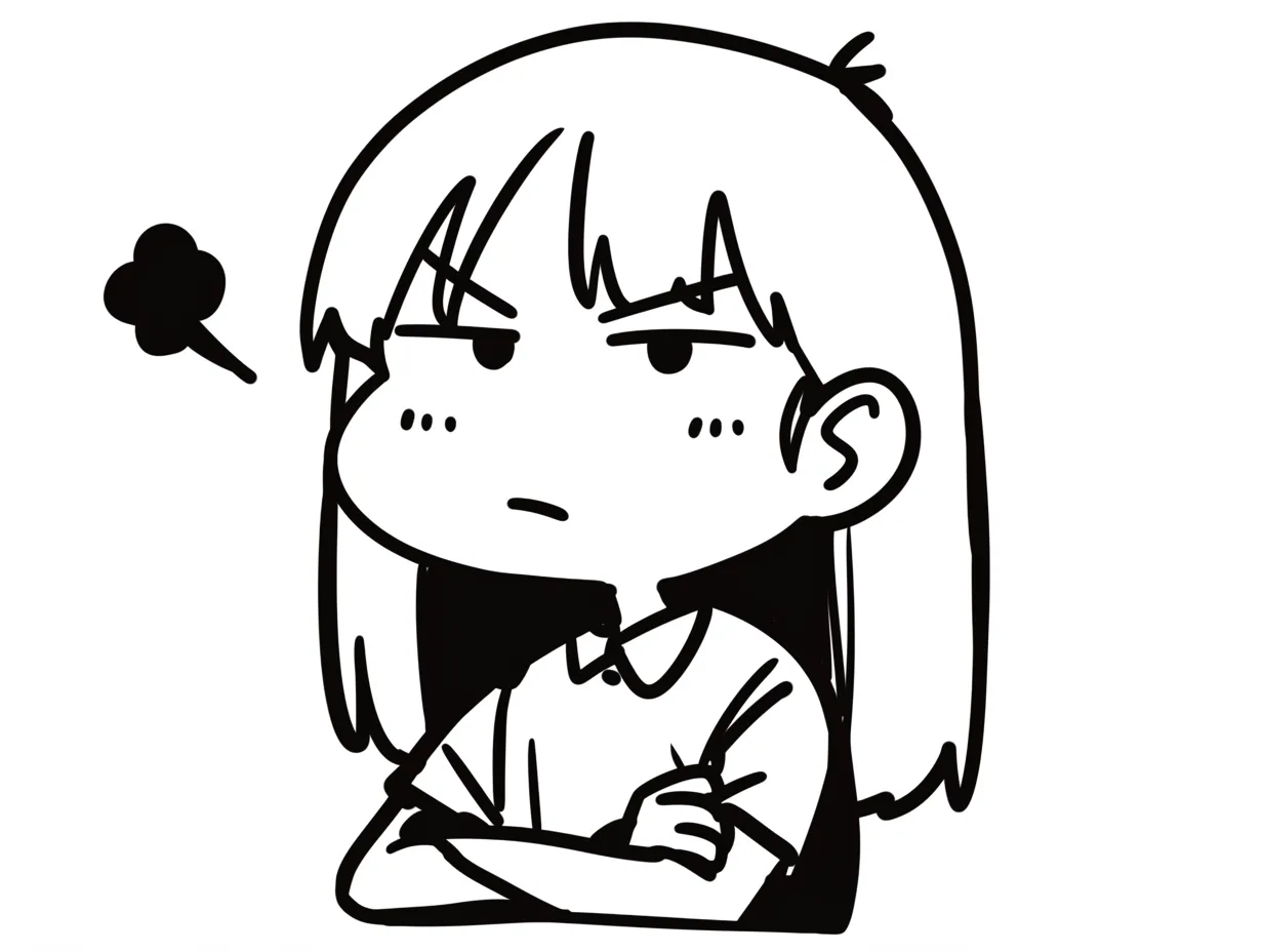 ムカつく顔の腕組み女子｜眉間に寄ったしわと真横に流れる視線が強い反抗心をにじませる。腕組みとふくらむ頬のシルエットが頑固さと怒りの熱量をコンパクトに伝えてくる。