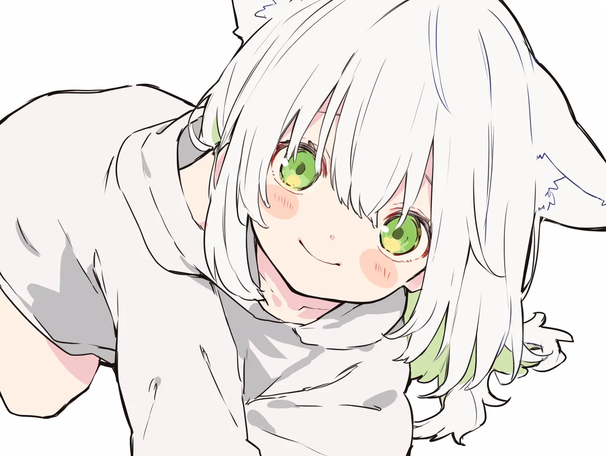 顔を覗き込むいたずら｜猫耳の少女が床から覗き込む角度が、愛嬌と遊び心を同時に引き出す。髪の動きや頬の紅潮が無邪気な雰囲気を添える。