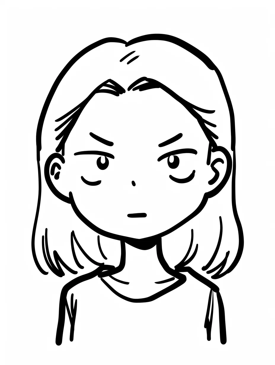すまし顔の少女｜まっすぐ正面を見据える視線と少し上がった眉が、落ち着いた中に気の強さをにじませる。力の入らない口元がすまし顔の決定打となっている。