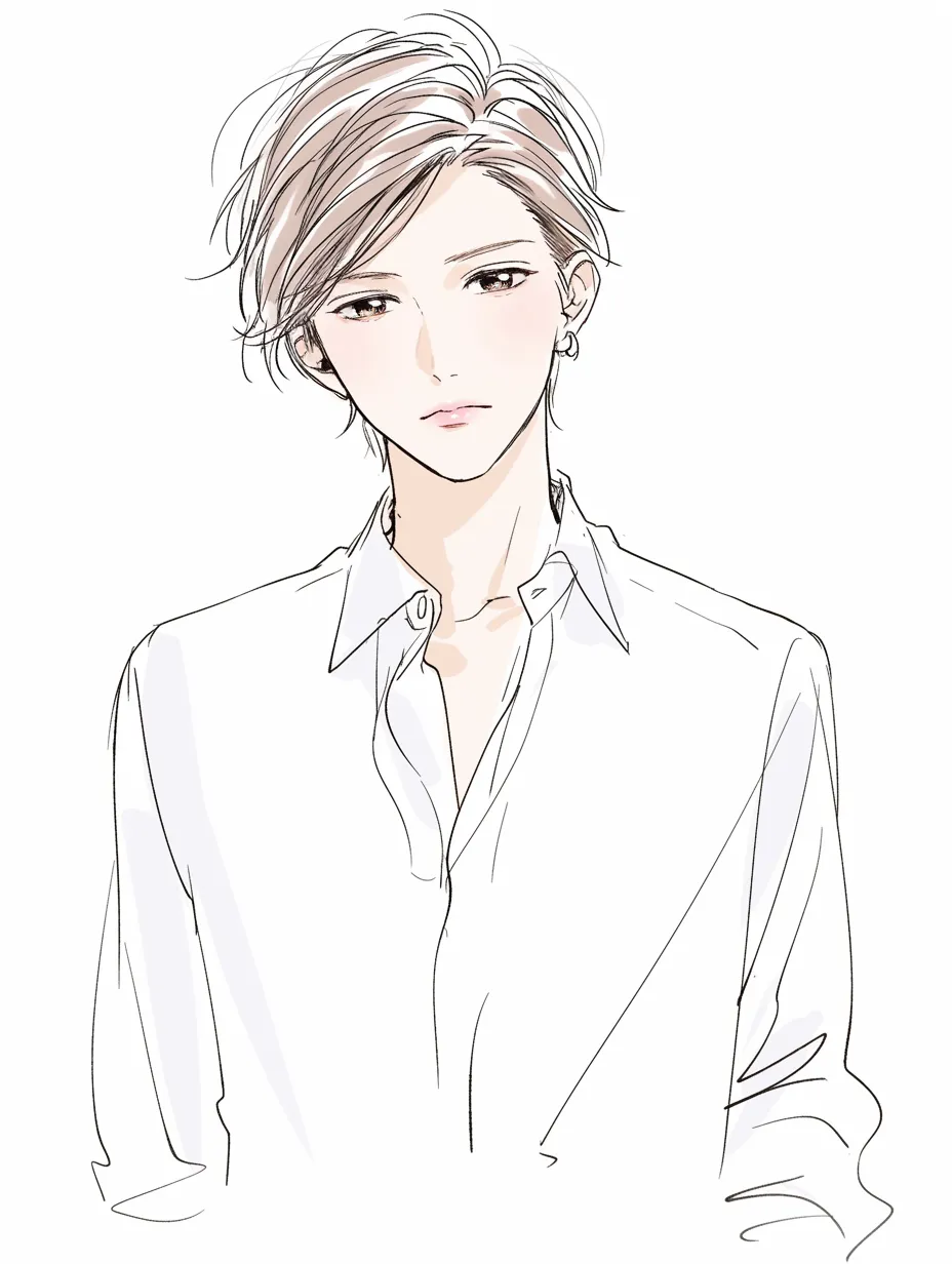 すまし顔の白シャツ男子｜整った目鼻立ちと崩さない姿勢がすまし顔の完成度を引き上げる。あえて感情を感じさせない視線と白シャツの清潔感が、近寄りがたい空気を生み出している。