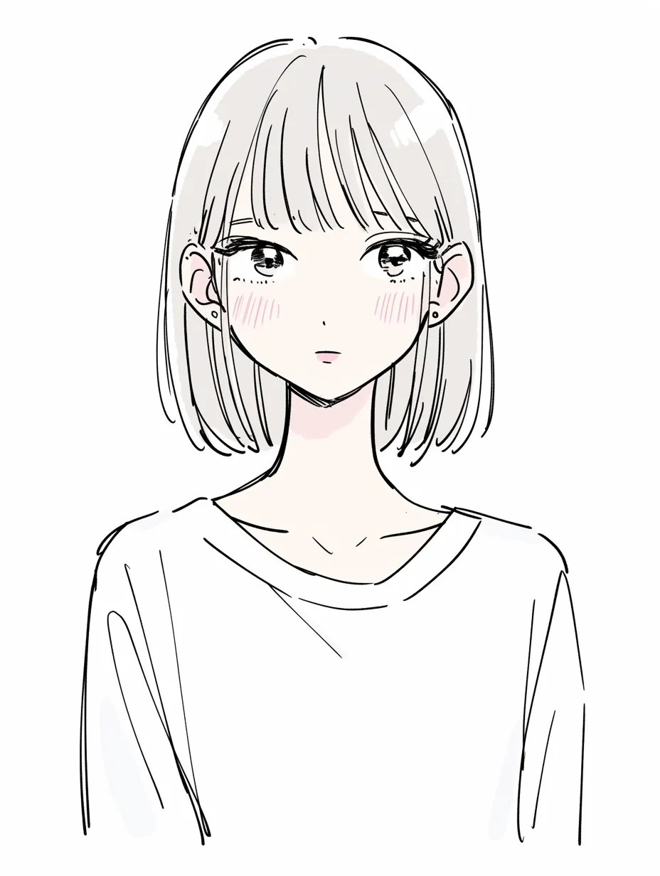 すまし顔のボブ女子｜ふわりとした髪型とつぶらな瞳が可愛らしさを保ちながらも、表情はあくまで中立。頬のうっすらとした赤みが淡い緊張感を生み、静かな余韻を残す。
