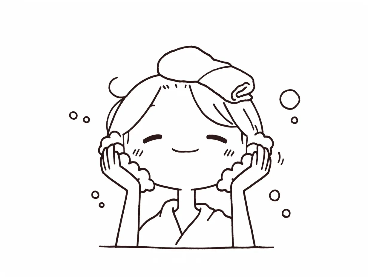 顔を洗う湯上がり女子｜タオルを頭にのせた状態で泡を両手に包むような仕草が、風呂上がりのリラックス感を伝える。柔らかい表情が全体に優しい空気をもたらしている。