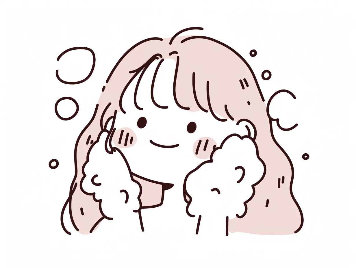 顔を洗うふわふわ時間｜泡に埋もれそうな両手とぷっくりとした輪郭で、スキンケア時間の幸せを表現。ミニマルな線と顔の丸みがほのぼのとした世界観を演出している。
