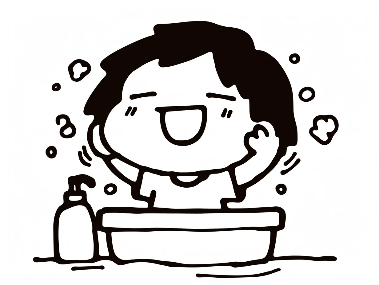 顔を洗うおおはしゃぎ｜泡を全力で楽しんでいるような表情と動きが印象的。洗面器とポンプがあることでシーンの背景がより明確になり、にぎやかさが強調されている。