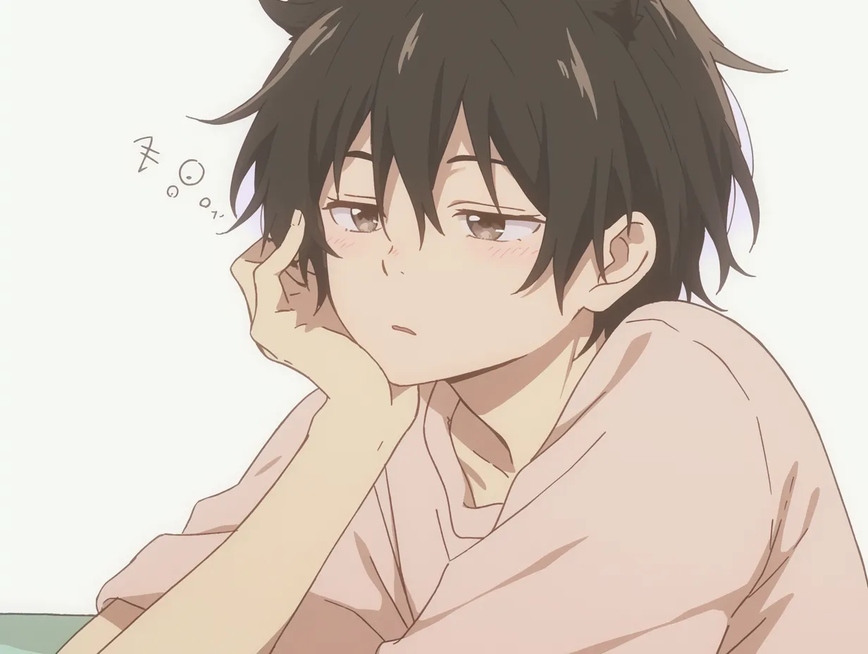眠そうな顔で頬杖男子｜頬杖をついた姿勢とぼんやりとした視線が、まどろみの時間を思わせる。ゆるいTシャツとベッドの端が加わることで、朝の空気感がより深まっている。
