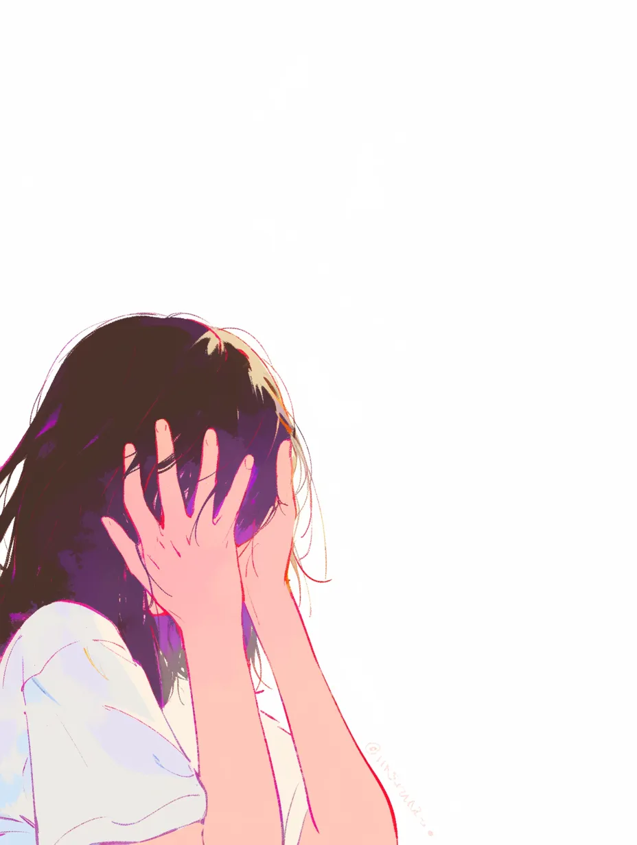 顔を隠す朝の一瞬｜顔を両手で覆いながらうつむく姿から、目覚めたばかりのぼんやりとした時間が漂う。手の隙間から覗く光と、肩にかかる髪が柔らかく印象を引き立てている。