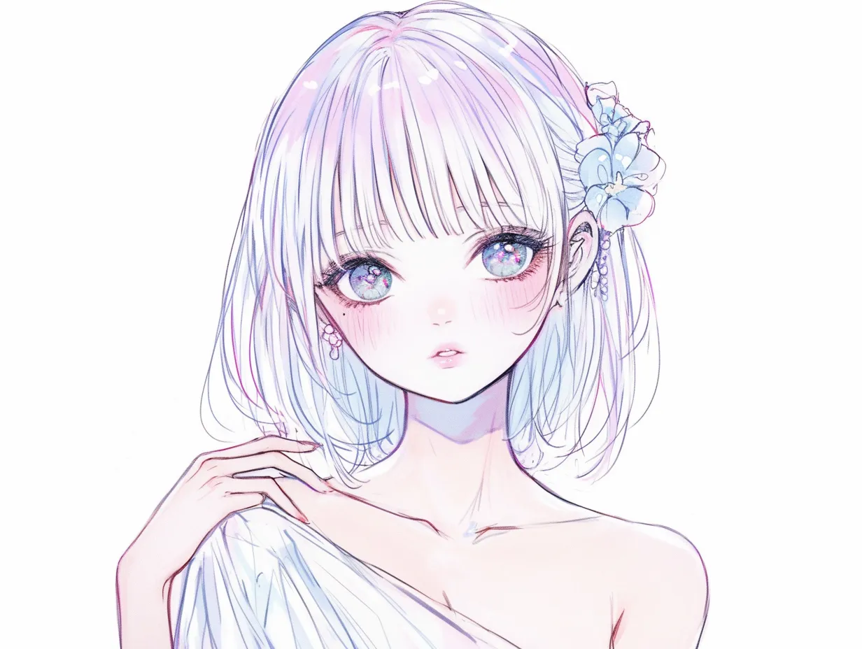 おしゃれ目に咲く花｜瞳の輝きと繊細な髪の描写が美しく響き合う。大きな花飾りが視線を誘導し、おしゃれな目が全体の気品と幻想性を高めている構成が秀逸。