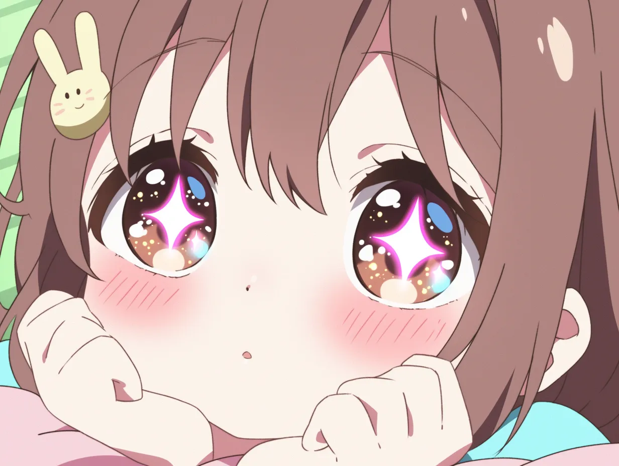 光の目のうるうる｜ピンクとブラウンの瞳に星のような光が瞬き、感情があふれ出るような眼差し。頬の赤みや手の添え方が、目の輝きをより一層引き立てる。