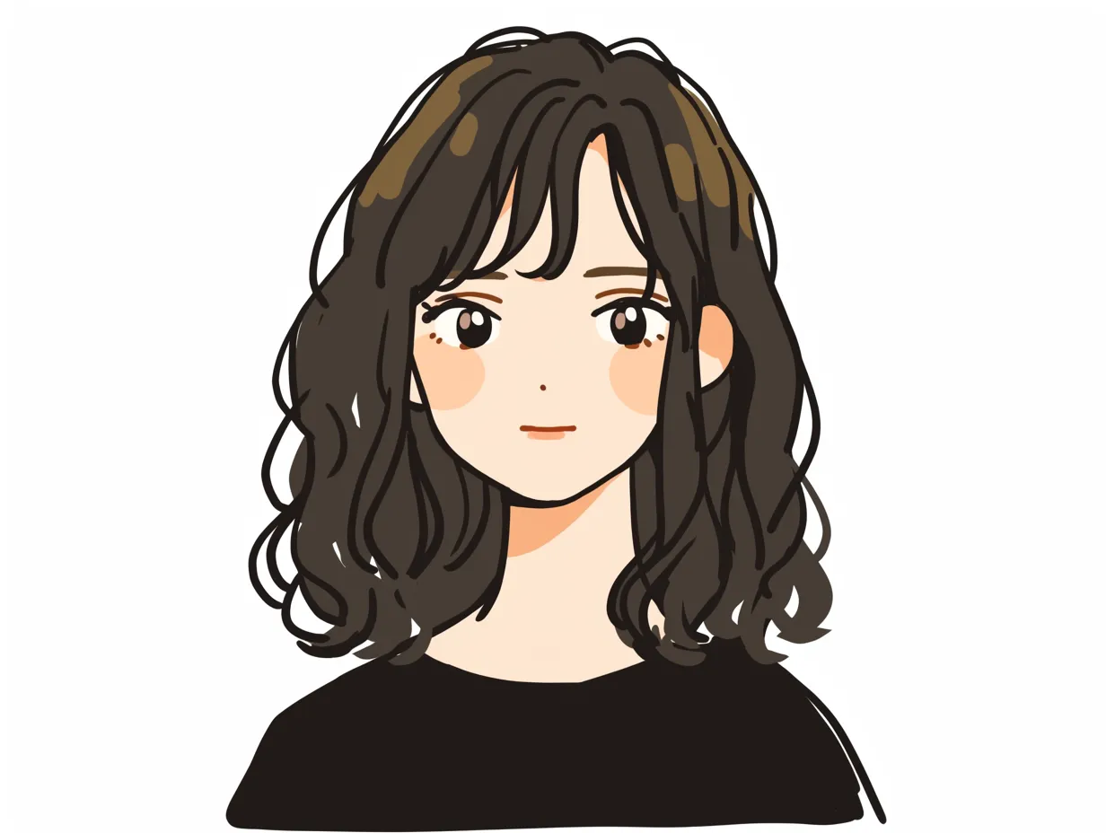 巻き髪と整った視線｜きれいにまとめられた巻き髪が顔まわりをすっきりと見せ、端正な表情が静かな印象を際立たせているのが特徴的。