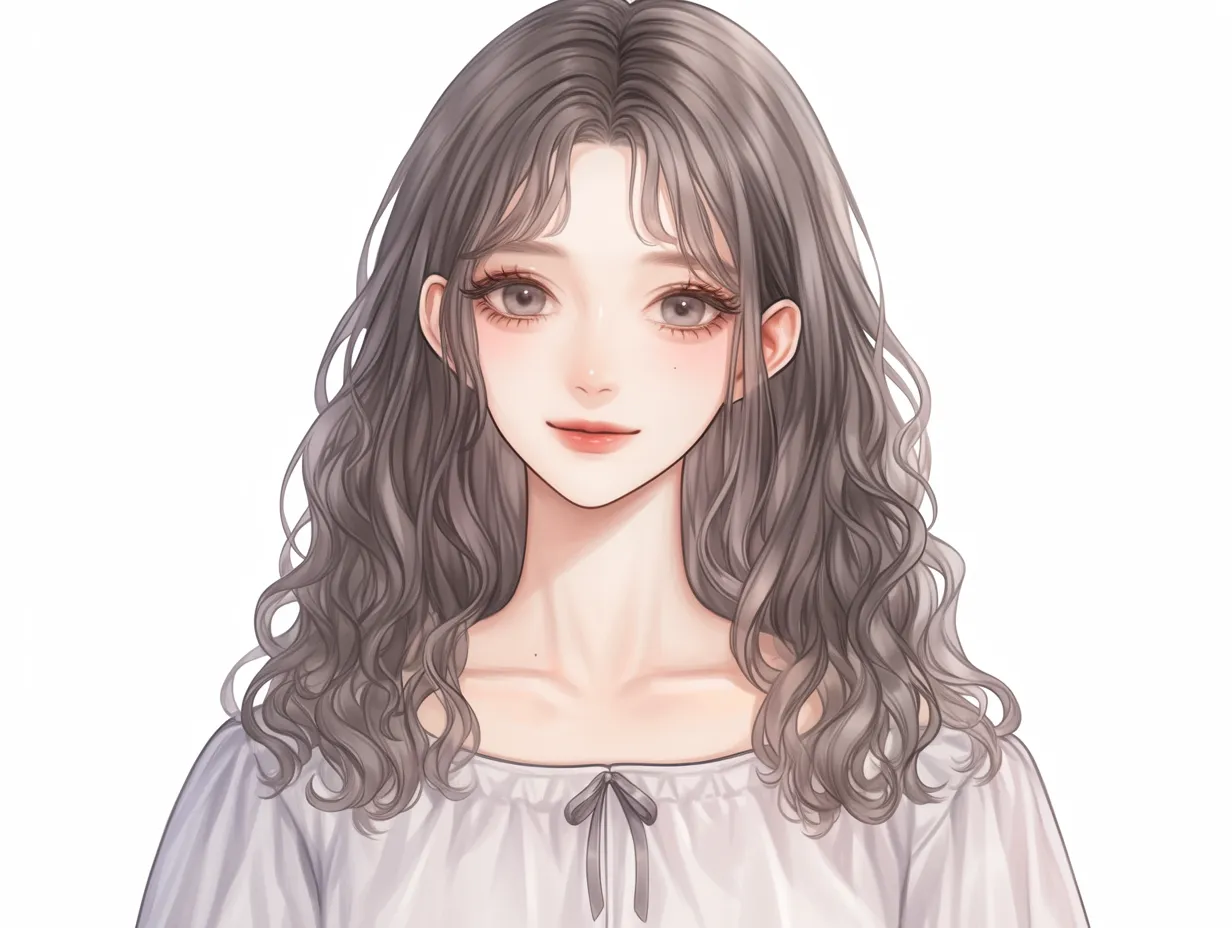 巻き髪と清楚な笑顔｜やわらかな質感で描かれた巻き髪が、整った顔立ちと調和して品のある雰囲気に。前髪の透け感も清潔感を演出している。
