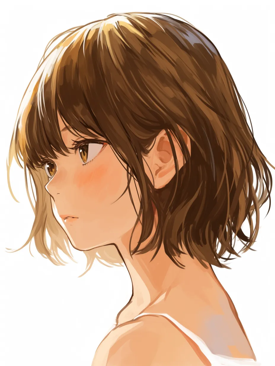横顔と髪のハイライト｜横顔に沿う短めの髪に描かれたハイライトが自然光の印象を強め、健康的な色味と素朴な透明感を際立たせるシンプルな一枚。