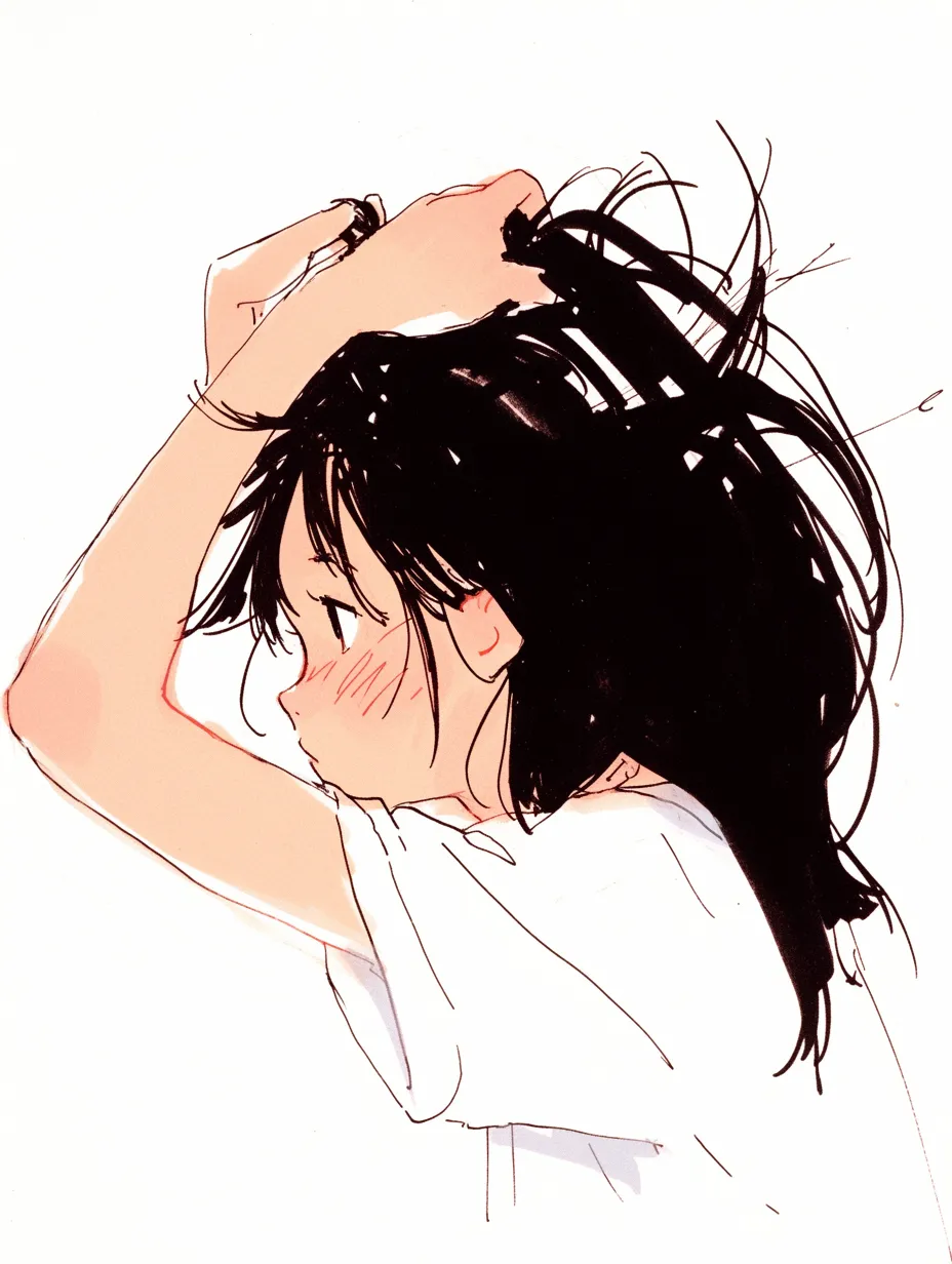 髪をかきあげる少女｜頬を赤らめながら髪をかきあげる少女の仕草に、繊細な感情の動きが見える構成。手の位置や視線の流れに素朴さと初々しさが表れている。
