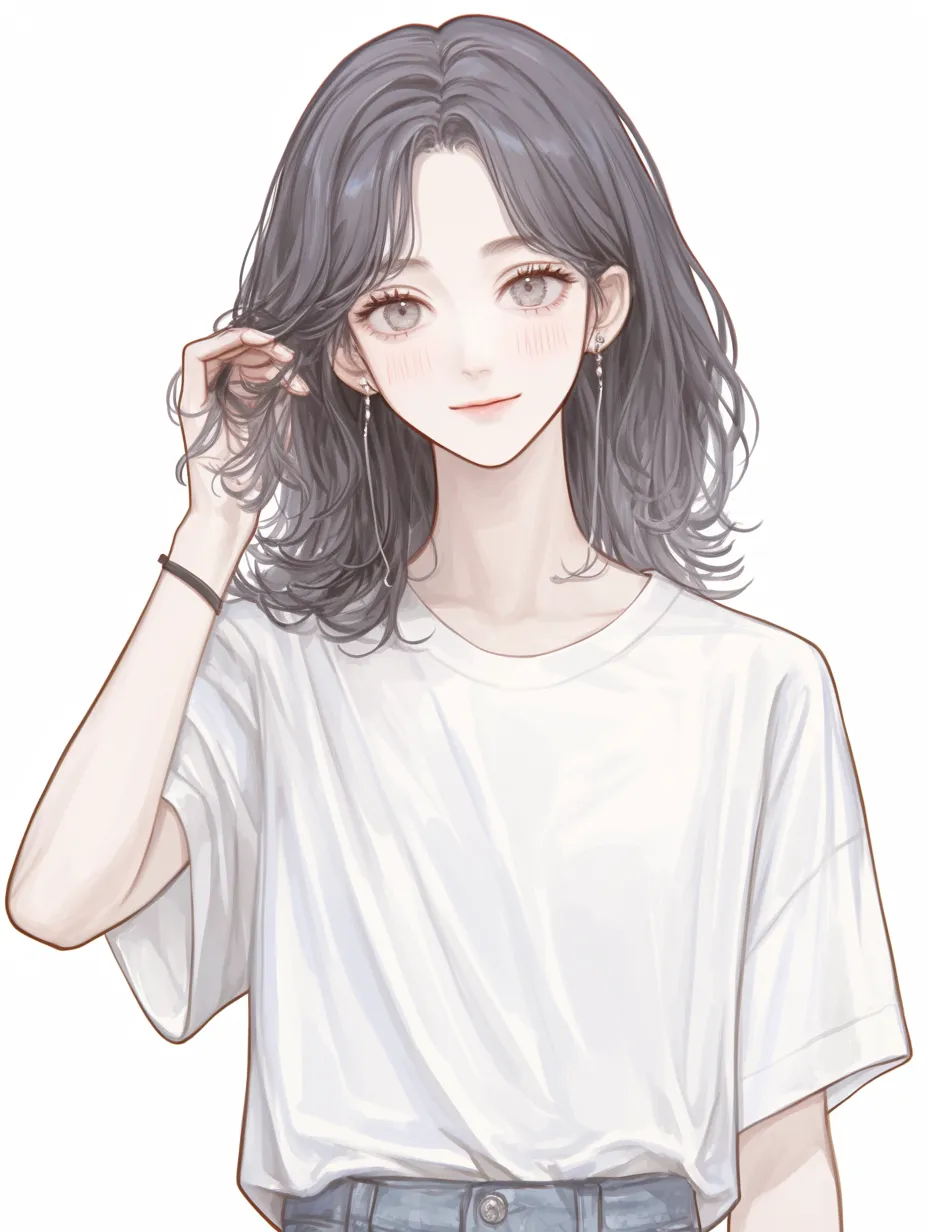 髪をかきあげる笑顔｜整えた髪を指先でなぞるようにかきあげながら微笑む姿が、さわやかな自信と親しみを同時に伝える。シンプルな服装がその表情を引き立てている。