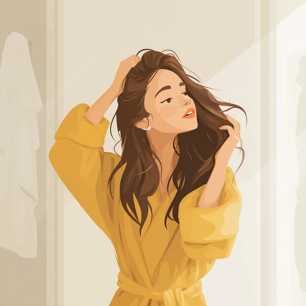 髪をかきあげる午後｜光の差し込む室内で髪をかきあげる女性が、リラックスした午後の雰囲気を醸し出す。黄色のガウンが柔らかな空気感と心地よさを演出している。