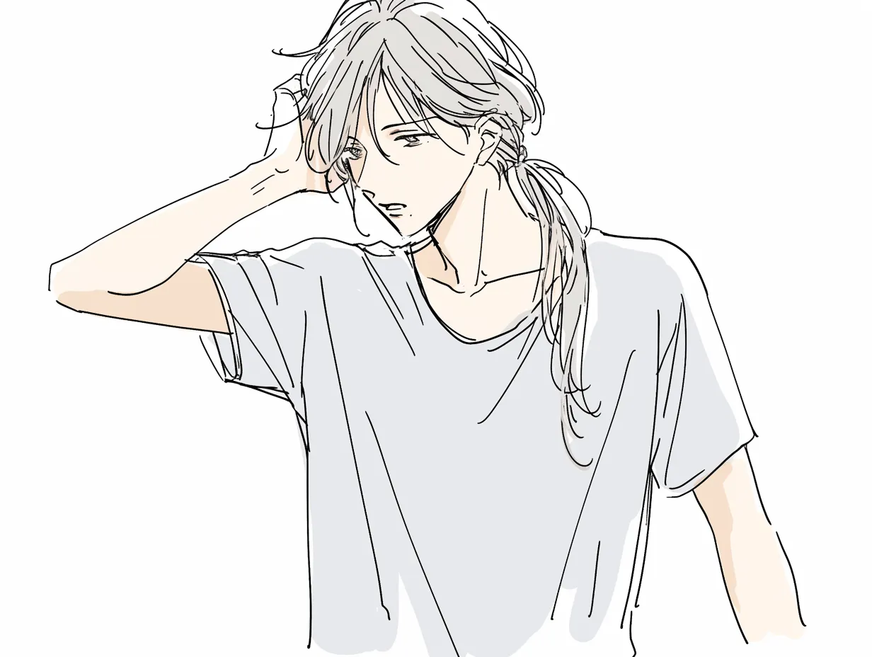 髪をかきあげる男の無防備｜髪をかきあげる動作に無防備さがにじむ男の姿。ラフな線と崩したポーズが、自然体の魅力を引き立てている。