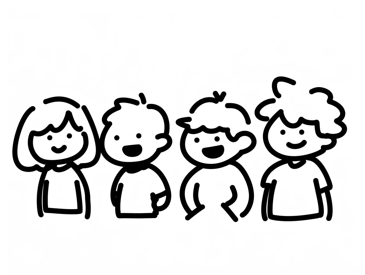 ゆるい顔のにぎわい｜表情豊かな4人の顔が並び、それぞれ異なるゆるさがにじみ出る。ゆるい顔たちが集まることで、場の空気がふんわりと賑やかになる。