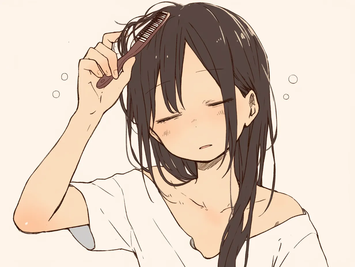 髪をとかす眠気｜上まぶたが重く垂れた表情と、片手で力なく髪をとかすポーズから、寝起きのまどろみを的確に捉えた繊細な表現が光る。