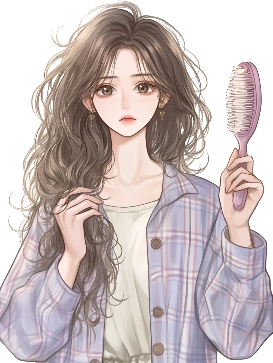 髪をとかす朝支度｜カールした髪のボリュームや光沢感が際立ち、手にしたピンクのブラシとの色彩バランスが、朝の支度の可愛らしさを引き立てている。