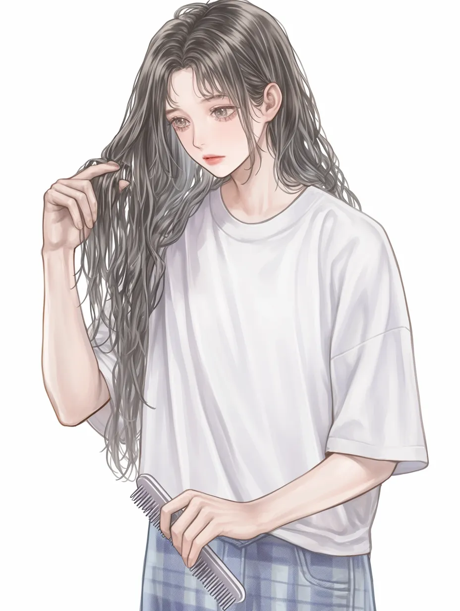 髪を触る朝の一瞬｜濡れた髪の質感を丁寧に描きながら、手の位置や指の角度が動作の柔らかさを示し、朝支度中の静けさと繊細さが印象的。
