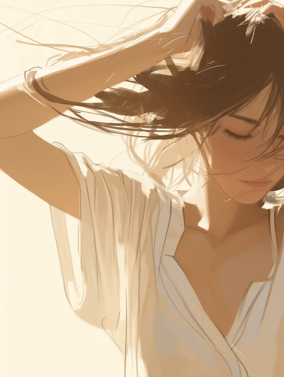 髪を触る陽だまり｜逆光に包まれた髪の毛の透け感と、風に揺れる動きが合わさり、髪をかき上げる自然な仕草が光と一体化した優しい情景をつくる。
