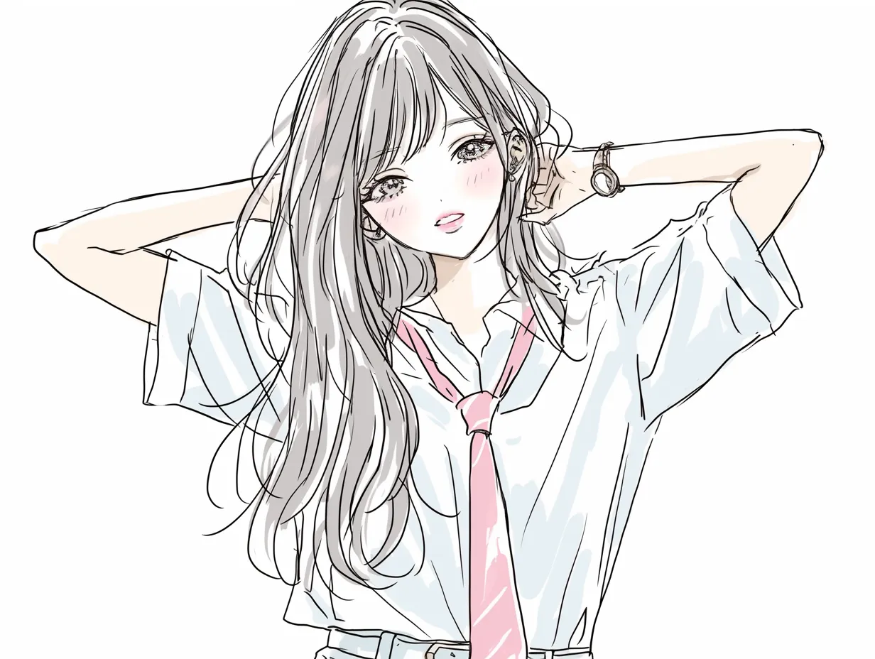 髪を耳にかける余裕｜両手で髪を整える動作が大きく開かれたポーズに繋がり、爽やかな笑顔と相まって自信と余裕を感じさせる明快な構成となっている。