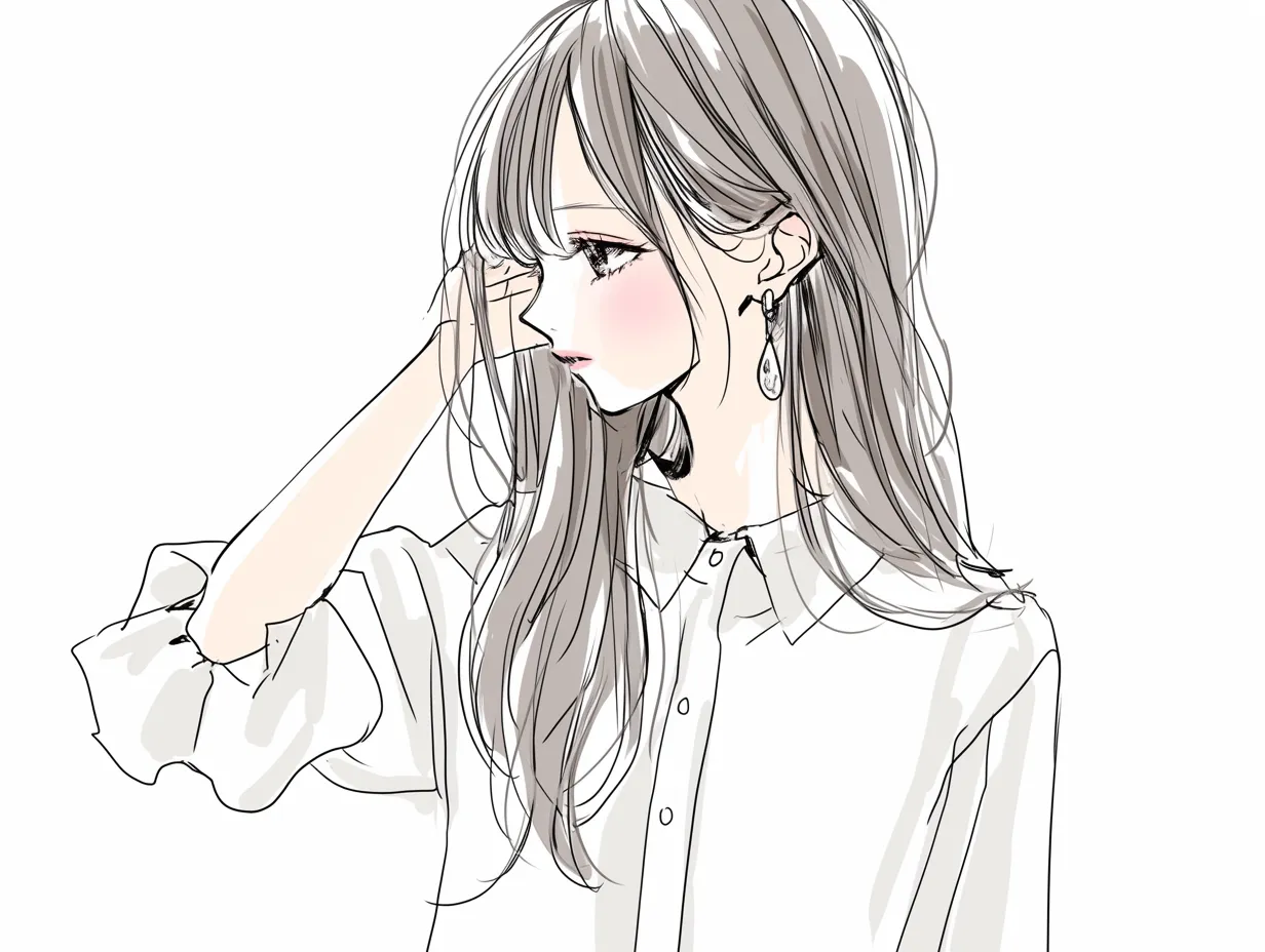 髪を耳にかける視線｜横顔に沿って髪を耳にかける動きが自然に視線と連動し、静かな意思や思慮深さを感じさせる仕草に仕上がっている。