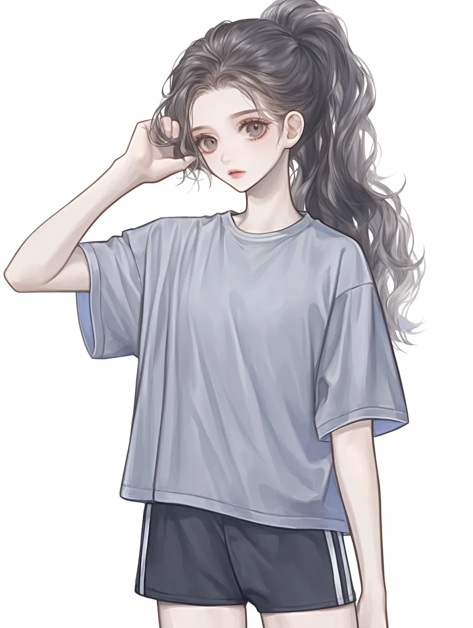 髪を耳にかける朝｜ポニーテールの根元に手を添えながら耳元を整える仕草が朝の支度らしさを引き出し、日常感と美しさが両立された表現。
