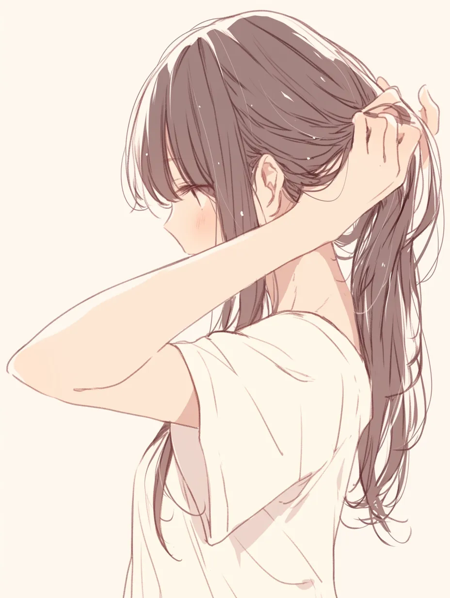 髪を結ぶ静けさ｜まぶたを閉じ、静かに髪をまとめる仕草が落ち着いた気配を漂わせており、柔らかな線と淡い色彩が穏やかさを支えている。