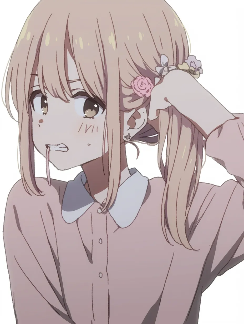 髪を結ぶ朝準備｜口にゴムをくわえたまま花飾りのついた髪を結ぶ姿が慌ただしい朝の雰囲気を生み、無防備さの中に可愛さがのぞく。