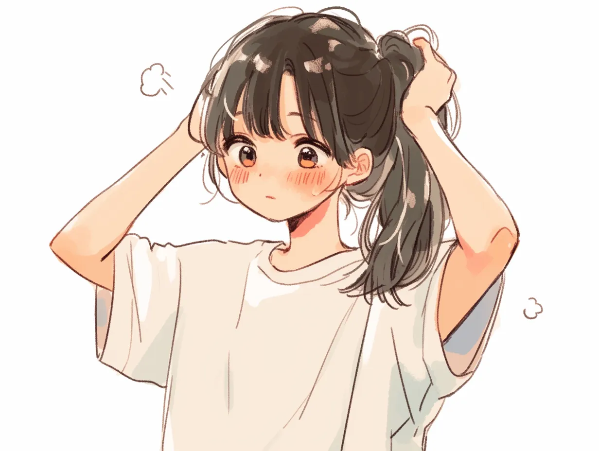 髪を結ぶ決意顔｜ほんのり赤く染まった頬と結ぶ手の真剣さが絶妙に組み合わさり、決意とも緊張ともとれる感情の揺れが表情に表れている。