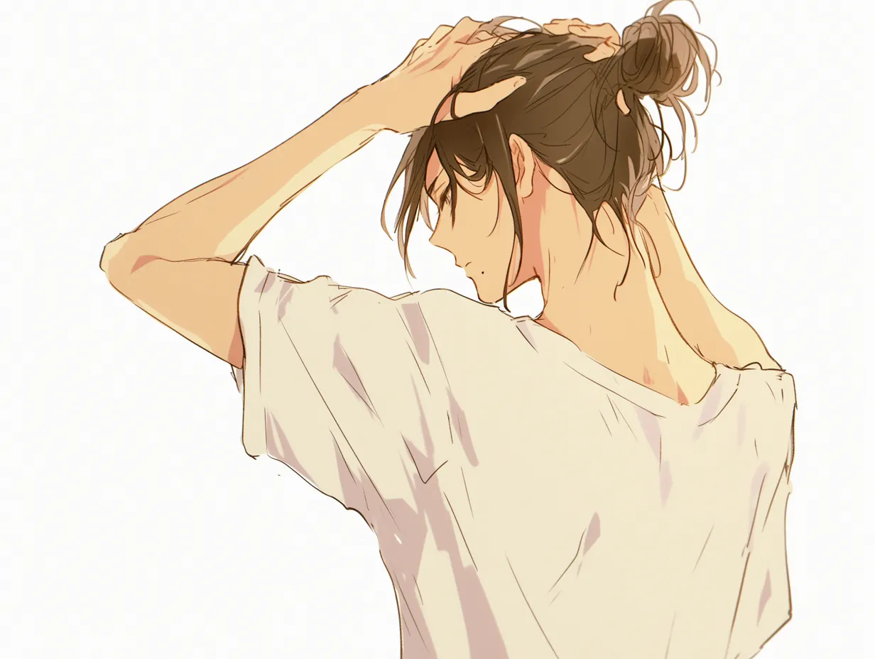 髪を結ぶ男のうなじ｜後ろ姿から見えるうなじのラインが柔らかで、手の動きと肩甲骨の張りも丁寧に描かれ、清潔感と色気が同居している。
