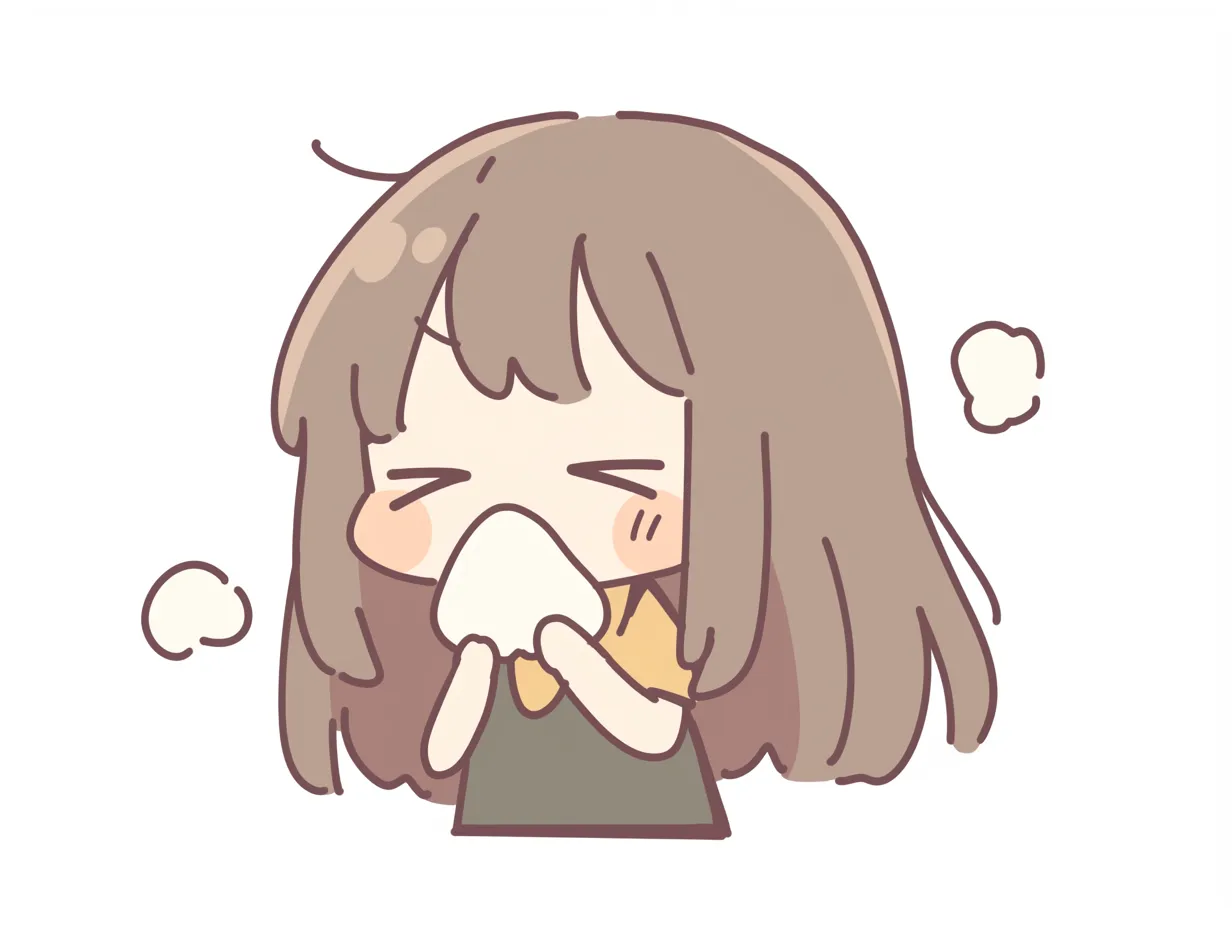 鼻をかむ少女｜デフォルメされた表情が鼻をかむ瞬間の苦しさを愛らしく表し、湯気の記号が状態をわかりやすく補っている。