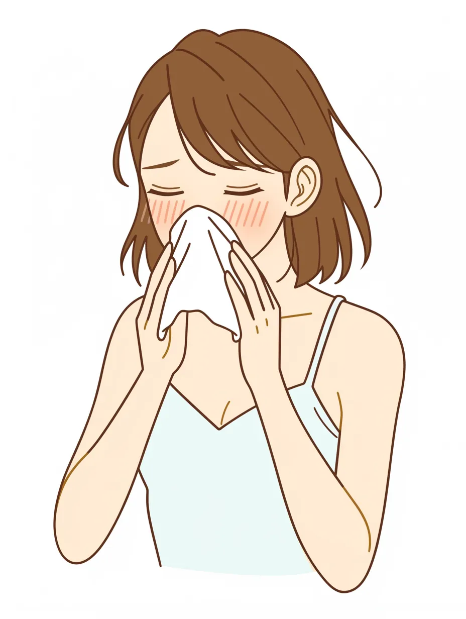 鼻をかむ瞬間｜輪郭線のシンプルさと白背景の明快さが、鼻をかむ動作のわかりやすさを際立たせ、表情も素直に見せている。