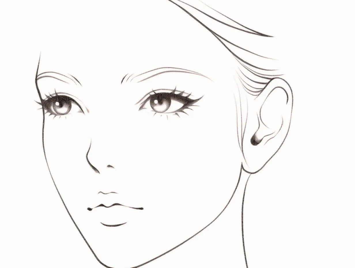 女性の顔と斜め構図｜斜め向きに描かれた女性の顔は、目線と顔の角度の変化によって奥行きが生まれている。髪の流れと顔の構造が自然に繋がり、視線誘導の効果が際立っている構図。