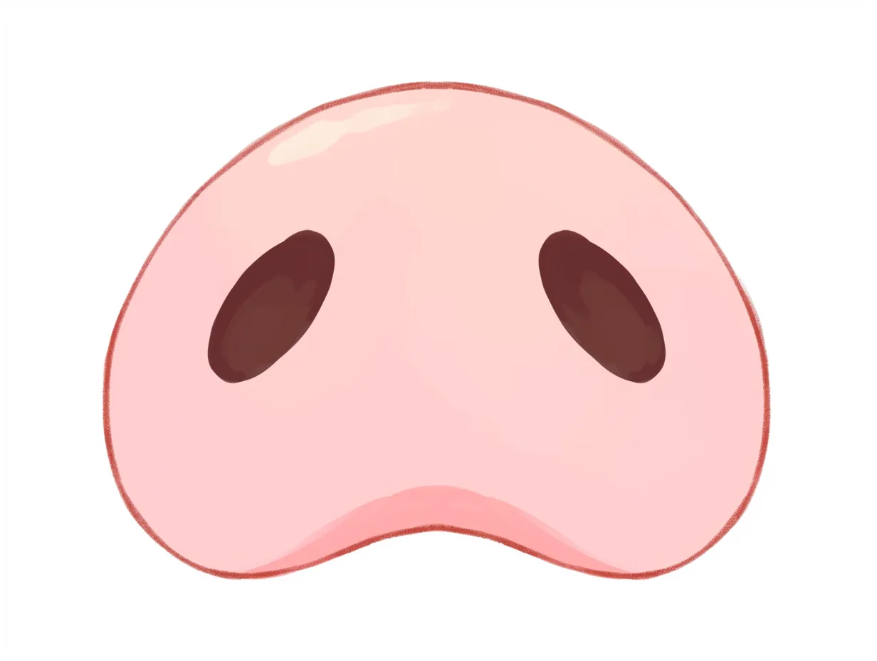 豚の鼻のやわらかさ｜輪郭の丸みと影のぼかしで、ふわりとしたやわらかさが表現された豚の鼻。小鼻の傾きが素朴な印象を強め、癒し感が漂う。