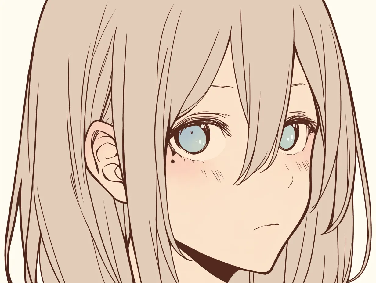 泣きぼくろと澄んだ瞳｜透明感のある瞳が印象的な少女の顔に、目元の泣きぼくろが儚さを添えている。淡いトーンの肌と髪が柔らかな雰囲気を作り、静かな感情の揺れが感じられる表情となっている。