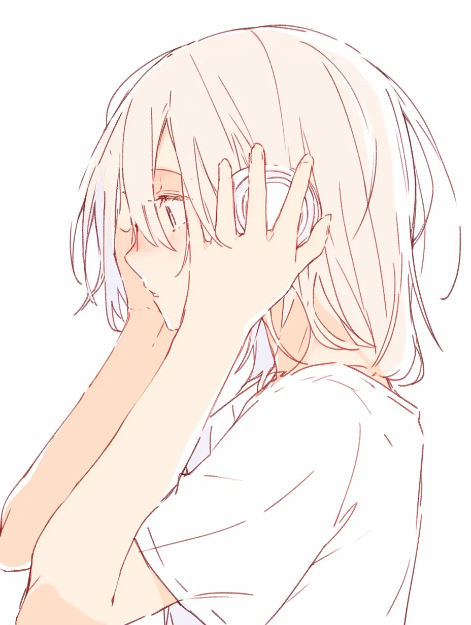 耳をふさぐ静けさ｜淡い線とミニマルな色使いで構成された「耳をふさぐ」場面。顔の陰影を抑えることで、沈黙の中の心の動きが静かに浮かび上がってくる。