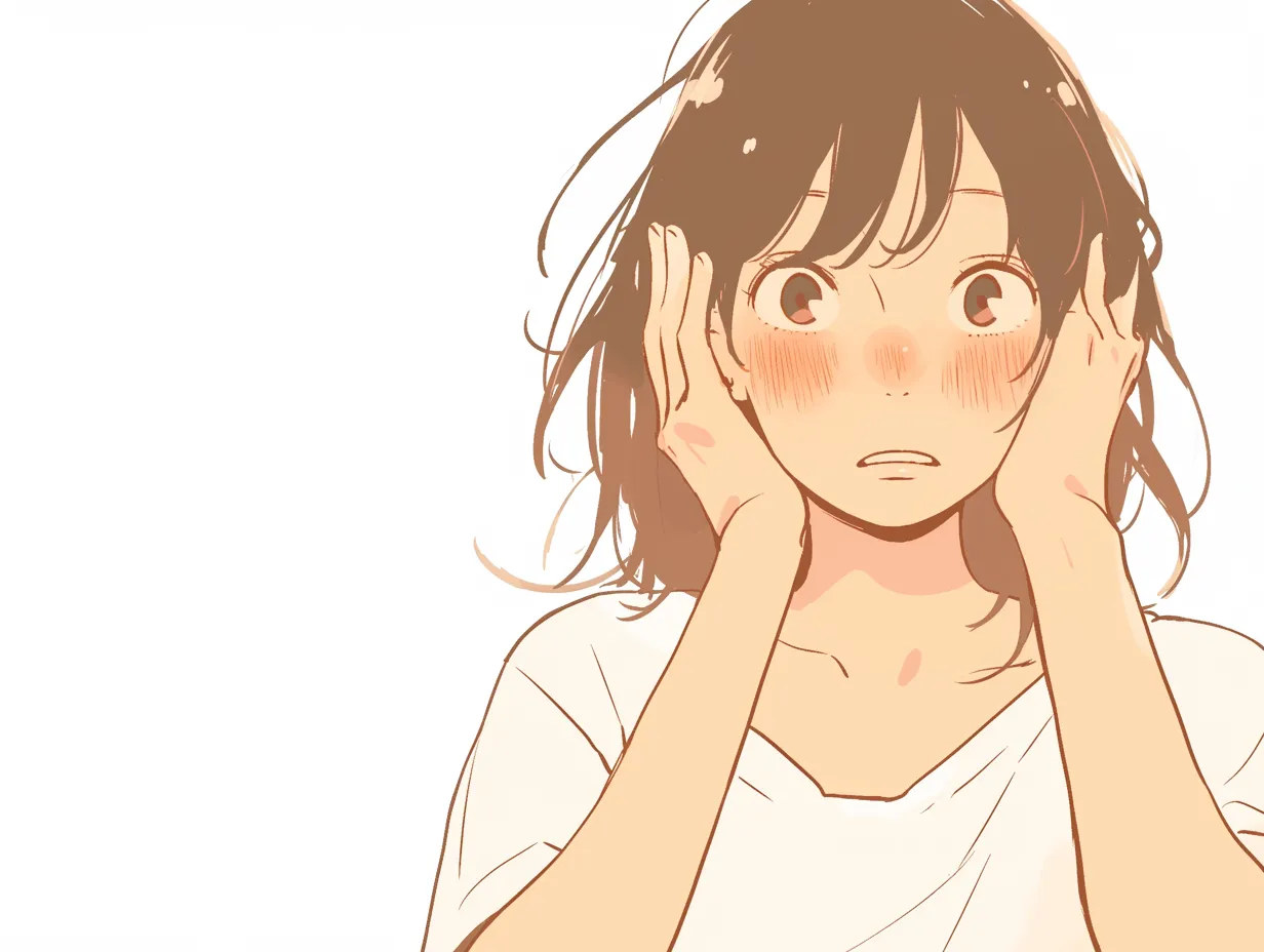 耳をふさぐ照れ顔｜赤面したまま耳をふさぐポーズに、かわいらしい羞恥がにじむ。大きく見開いた目と揃えた手の形が、驚きと照れの両方を同時に伝えている。
