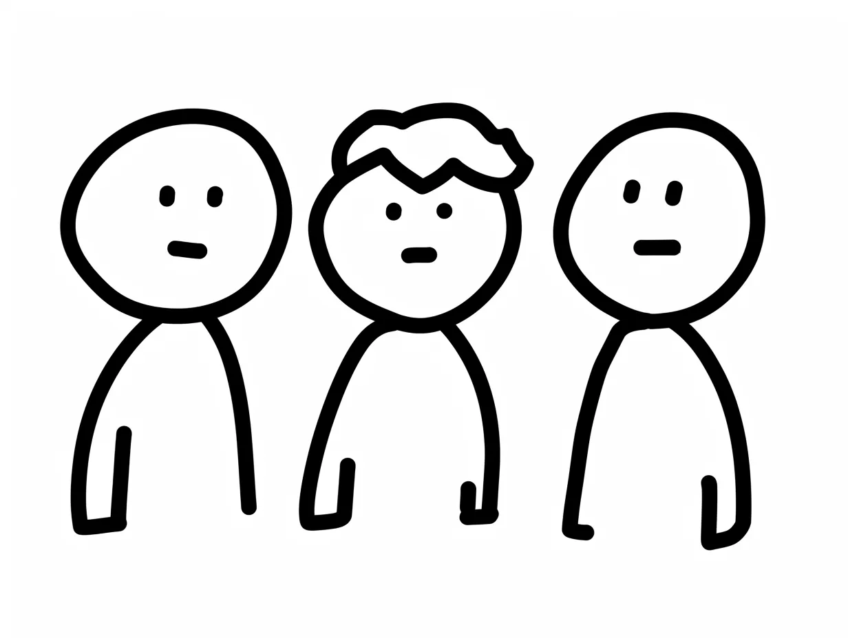 ゆるい顔の沈黙｜セリフのない3人の無表情が、かえって味になる。ゆるい顔の無言の連携が、シュールな空気感を生み出す印象的な構図。