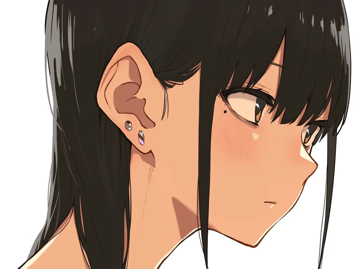 泣きぼくろと横顔美｜鋭いラインで描かれた横顔に、小さな泣きぼくろが控えめながらも強い存在感を放つ。冷静な目元と耳のピアスがアクセントとなり、都会的な印象を残す構成になっている。