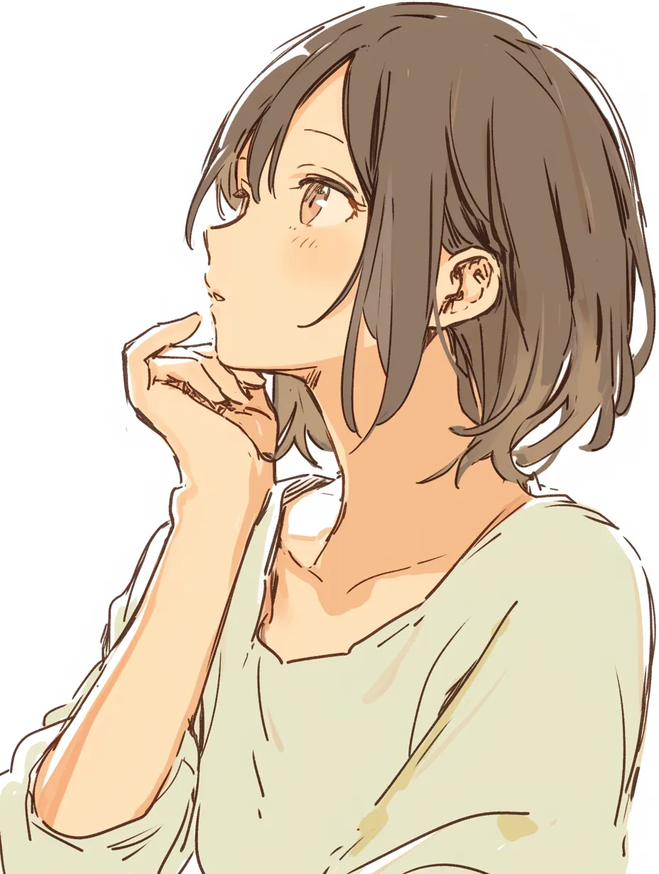 首をかしげる横顔｜柔らかな線とやさしい配色が首をかしげる仕草と調和し、静かな思索の雰囲気を醸し出す。手の形の繊細さも印象的なアクセント。