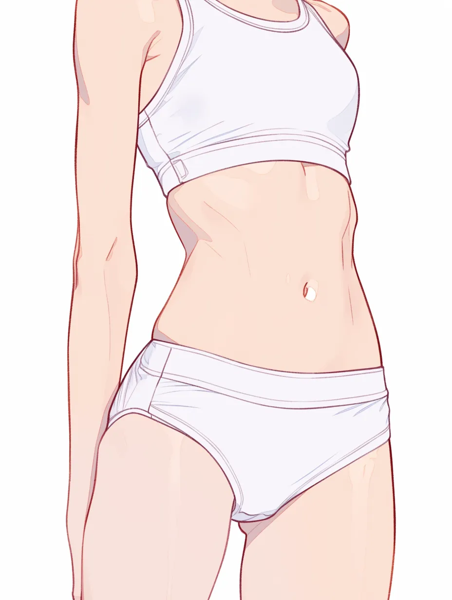 くびれと影の余白｜控えめな色使いの中にくびれの立体が浮かび上がる。陰影が布の張りと柔肌の起伏に静かなコントラストを与えている。