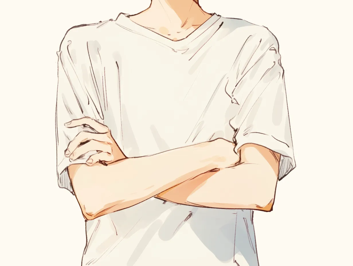 腕をつかむ静けさ｜Tシャツの柔らかな影と手の重なりにより、腕をつかむ姿に静けさと内面の緊張感が漂う。指先の力の入り具合が表情の代わりとなっている。