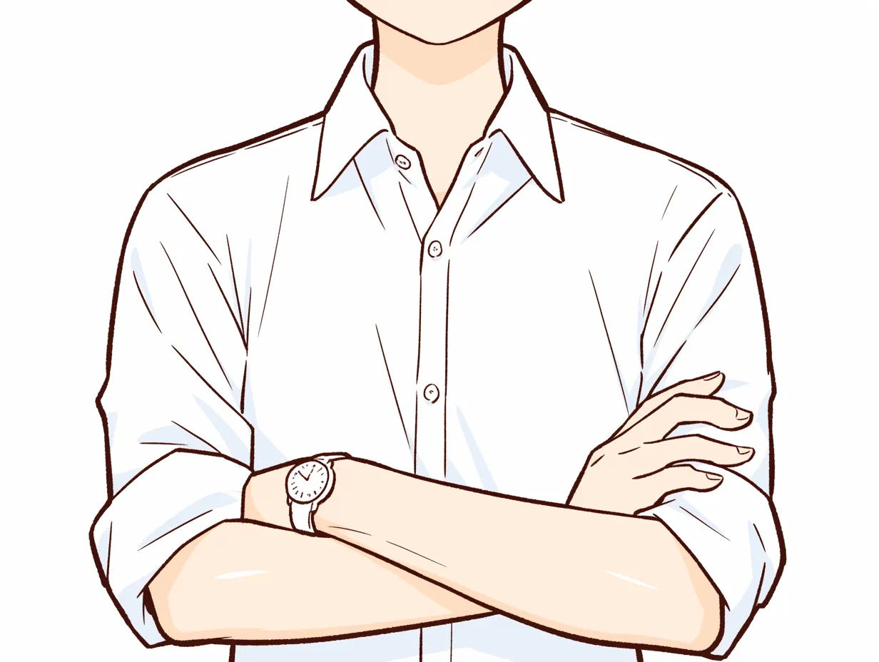 腕をつかむ決意｜シャツの隙間から覗く手首と時計が印象を引き締める。整った線で構成されたシンプルな背景が「腕をつかむ」行為をより際立たせる。
