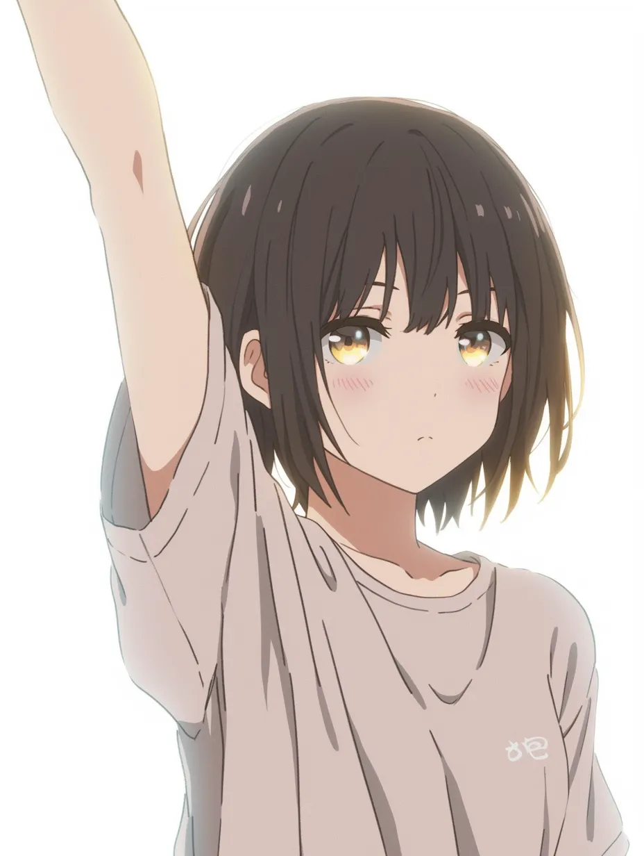 腕をあげる明るさ｜軽いタッチで描かれた表情と腕の動きが連動し、明るい空気感と日常のひとコマらしいあたたかみを感じさせる。
