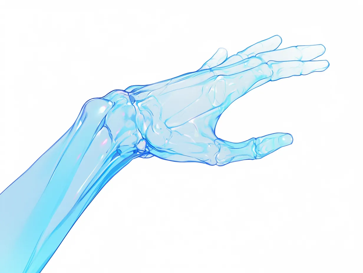 横から透ける手｜水や氷のような質感で描かれた手が、横向きの動きとともに幻想的な雰囲気を醸し出す。骨の構造が透けて見えることで、美しさと儚さが共存している。
